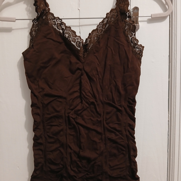 Tops - Elegant Brown Lace Trimmed Women's Top